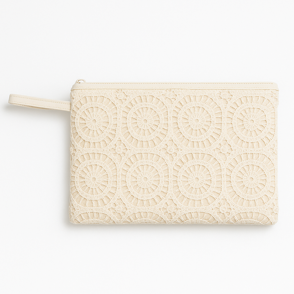 Krem Renk Yuvarlak Desenli Dantel Clutch – Kallina El Çantası