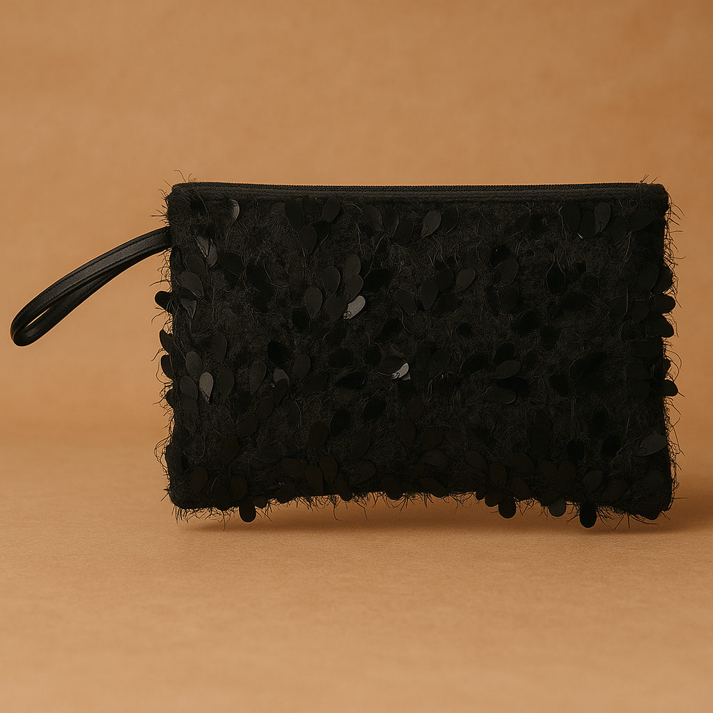 Siyah Tüy ve Pul Detaylı Clutch – Kallina Özel Gece El Çantası