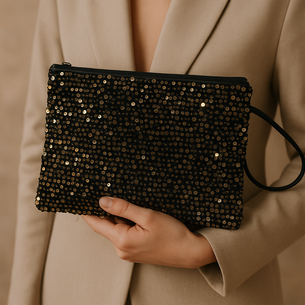Siyah Simli Gece Clutch Çanta – Kallina Payet Detaylı El Portföyü
