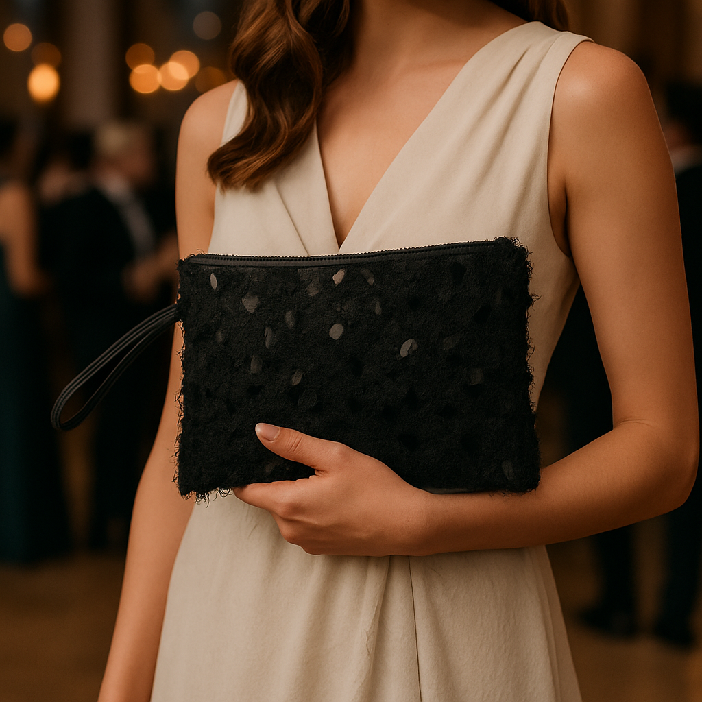 Siyah Tüy ve Pul Detaylı Clutch – Kallina Özel Gece El Çantası