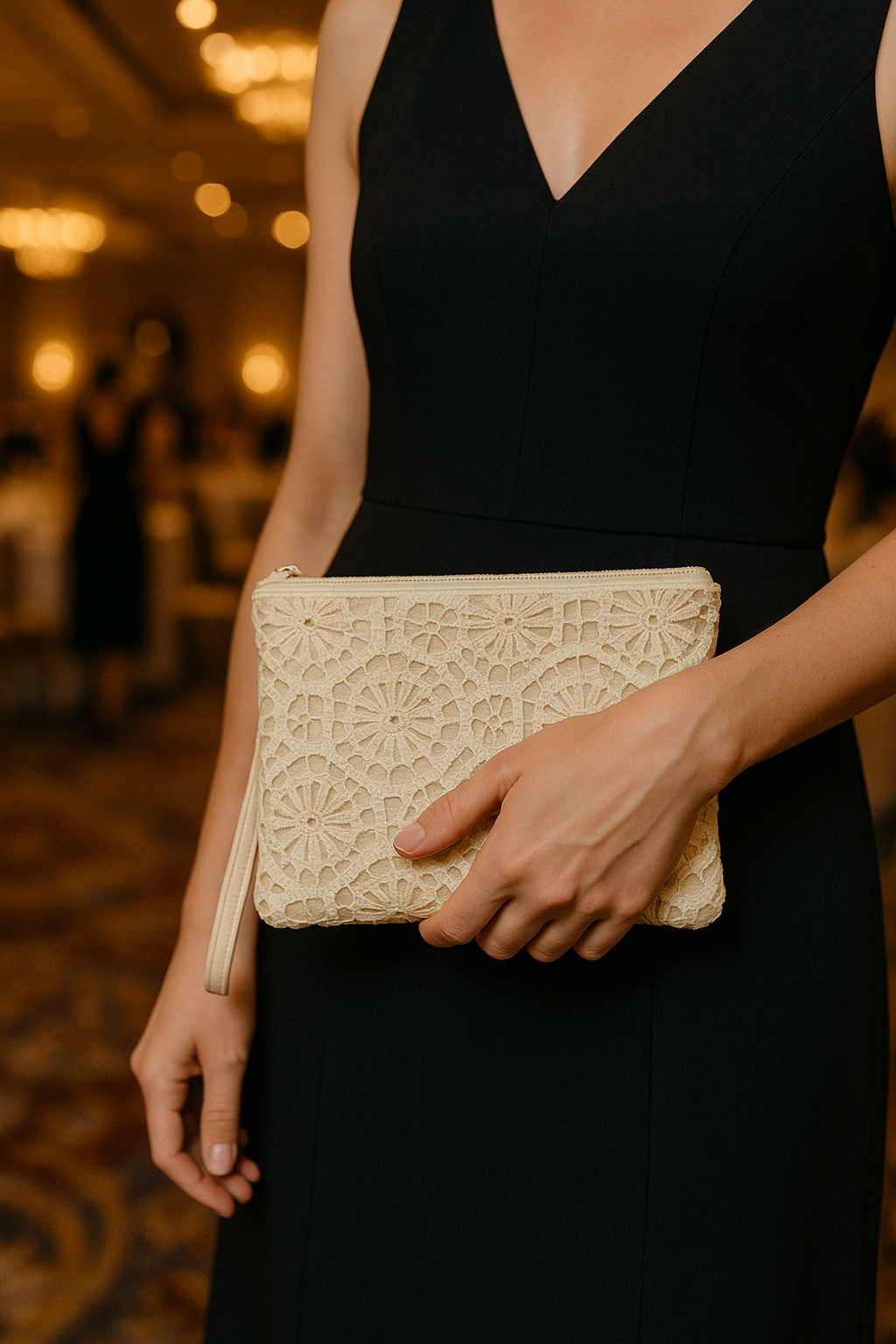 Krem Geometrik Dantel Clutch Çanta – Kallina Zarif El Çantası