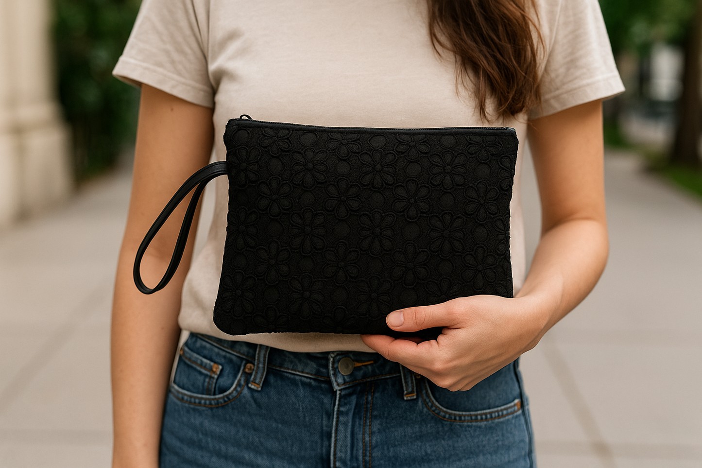 Siyah Çiçek Desenli Kumaş Clutch – Kallina El Çantası