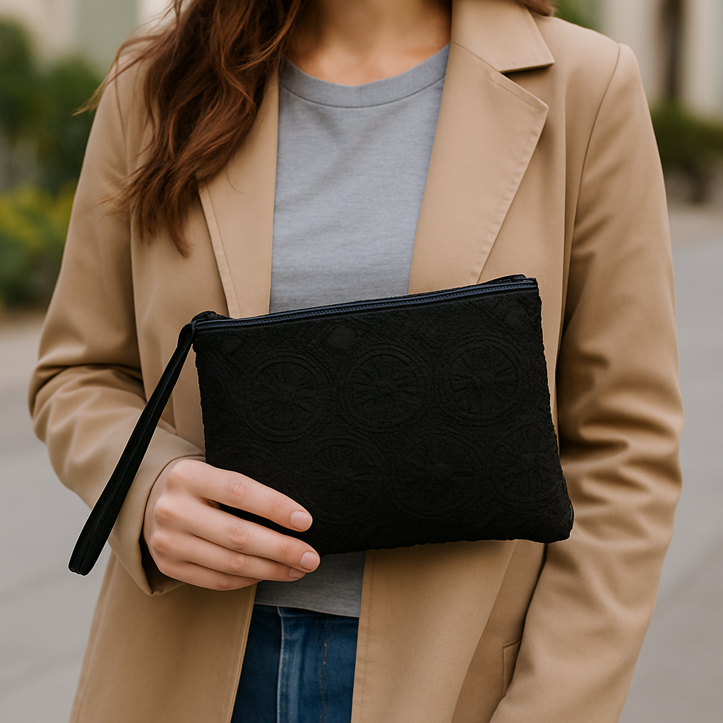 Siyah Yuvarlak Motifli Clutch Çanta – Kallina Dokulu El Portföyü