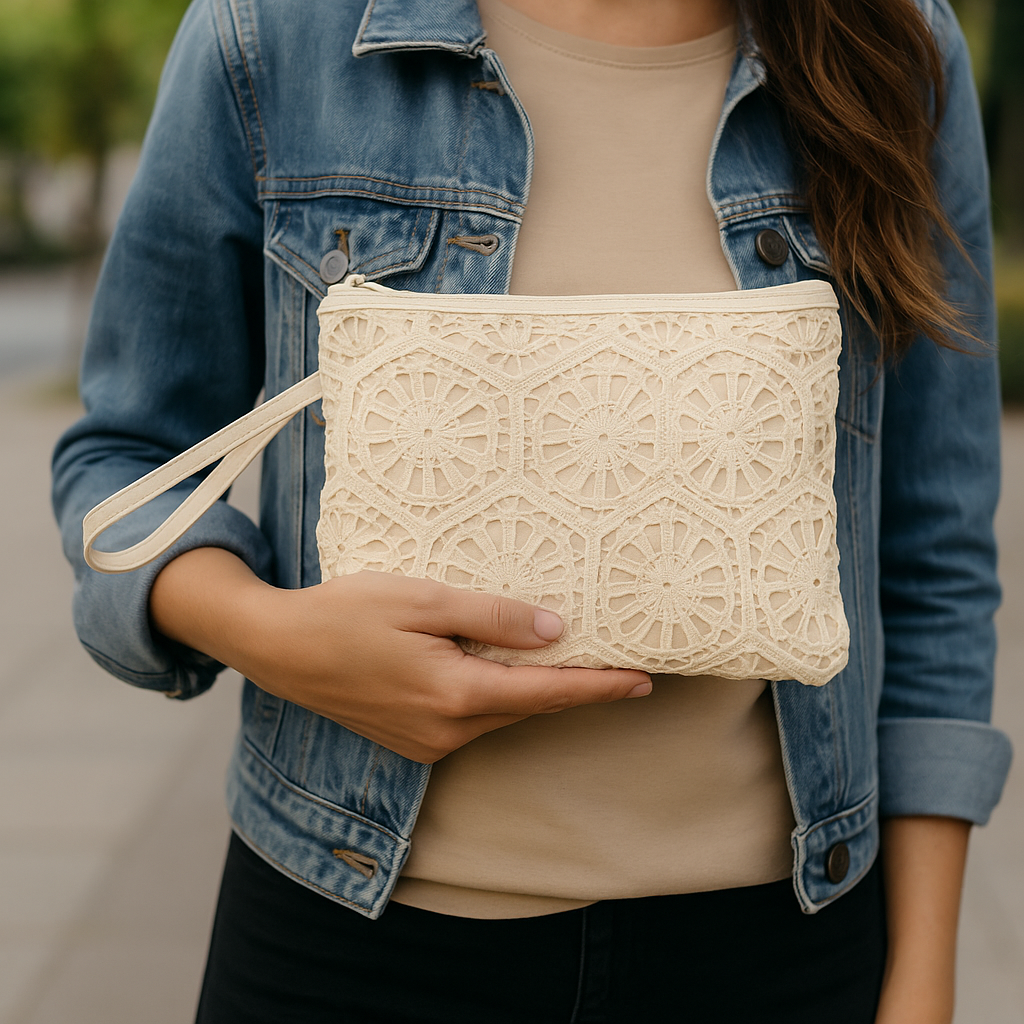 Krem Geometrik Dantel Clutch Çanta – Kallina Zarif El Çantası