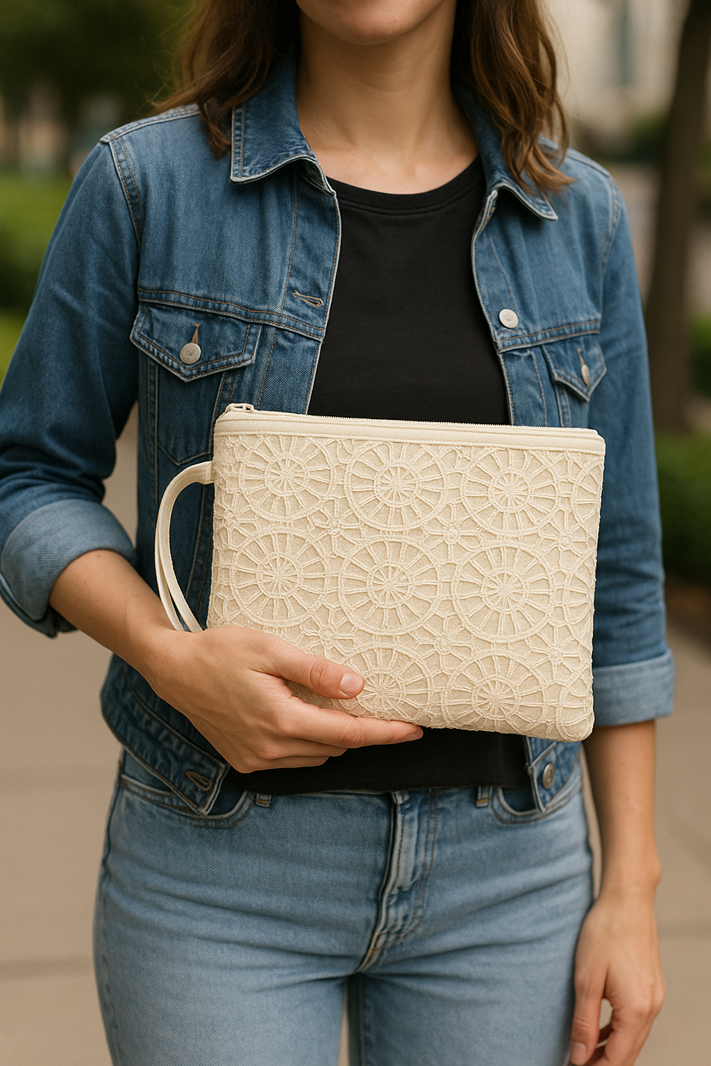 Krem Renk Yuvarlak Desenli Dantel Clutch – Kallina El Çantası