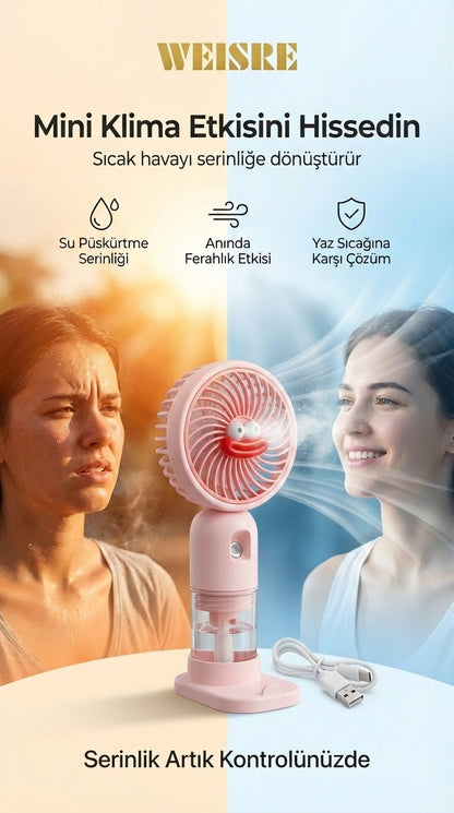 Mini Klima Etkisi Sunan Buharlı El Fanı – Güçlü Hava Akışı ve Serinletici Su Püskürtme Teknolojisi
