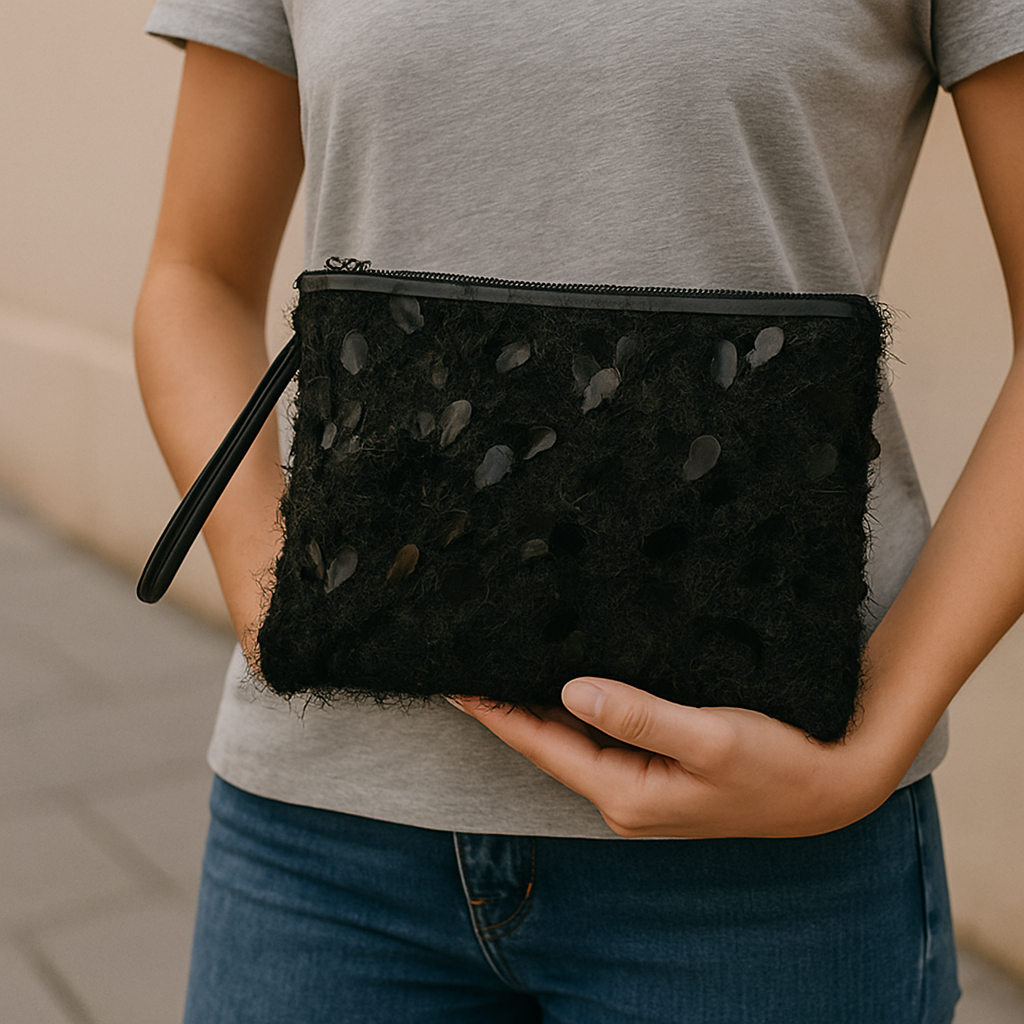 Siyah Tüy ve Pul Detaylı Clutch – Kallina Özel Gece El Çantası