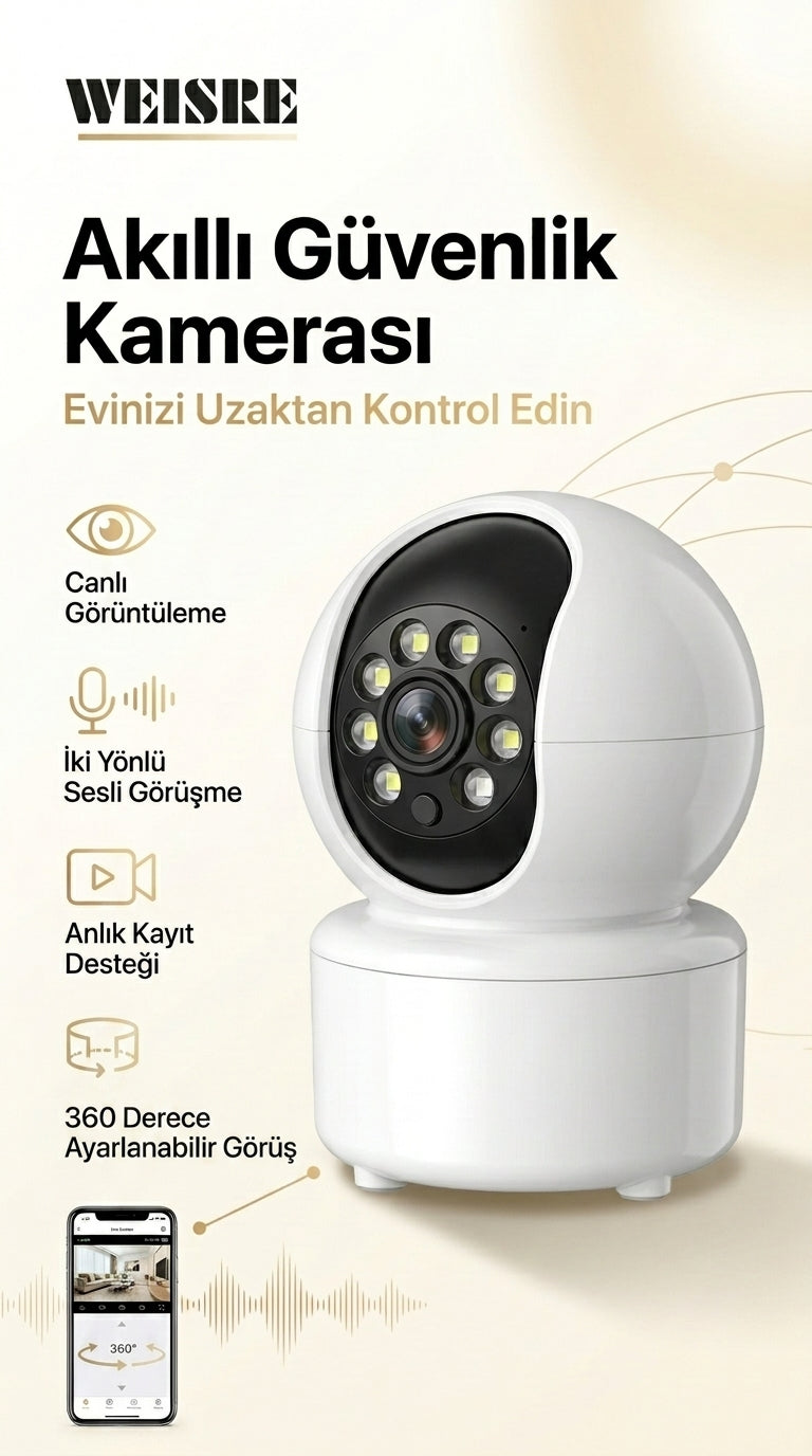 WiFi Güvenlik Kamerası 360° Gece Görüşlü | 2 Kanallı Sesli İletişim Akıllı IP Kamera