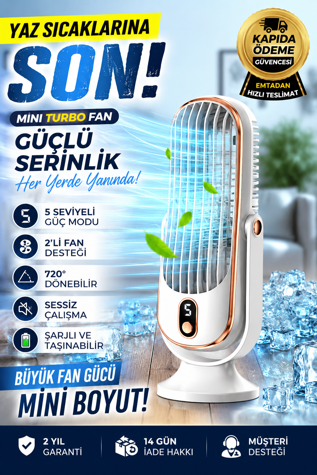 Mini Turbo Masaüstü Fanı – 5 Kademeli Güçlü Serinlik - 2 Turbo Fan - Şarjlı ve 720° Ayarlanabilir Başlık