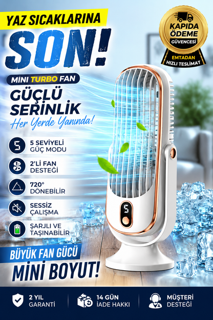 Mini Turbo Masaüstü Fanı – 5 Kademeli Güçlü Serinlik - 2 Turbo Fan - Şarjlı ve 720° Ayarlanabilir Başlık