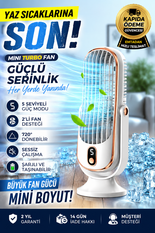 Mini Turbo Masaüstü Fanı – 5 Kademeli Güçlü Serinlik - 2 Turbo Fan - Şarjlı ve 720° Ayarlanabilir Başlık
