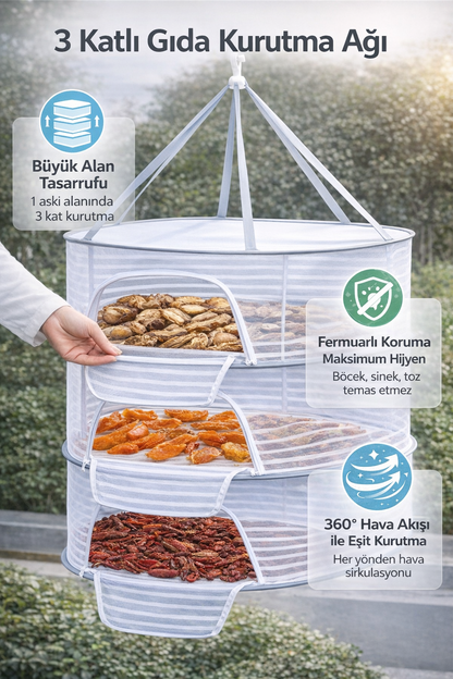 Fermuarlı Katlanabilir 3 Katlı Kurutma Ağı - Gıda ve Çamaşır Kurutma Sebze Meyve Kurutma Ağı