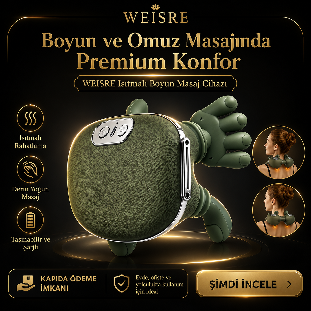 4D Boyun ve Omuz Masaj Aleti – Isıtmalı, İnsan Eli Hissi