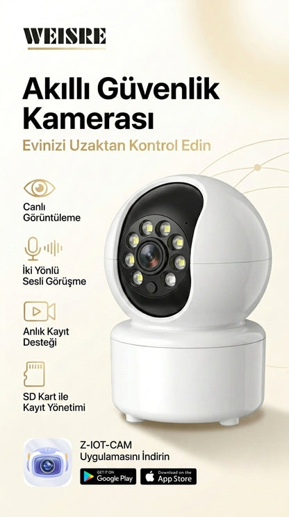 WiFi Güvenlik Kamerası 360° Gece Görüşlü | 2 Kanallı Sesli İletişim Akıllı IP Kamera