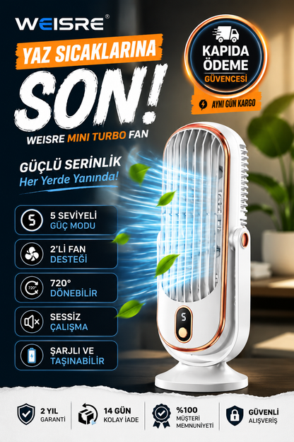 Mini Turbo Masaüstü Fanı – 5 Kademeli Güçlü Serinlik - 2 Turbo Fan - Şarjlı ve 720° Ayarlanabilir Başlık