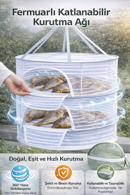 Fermuarlı Katlanabilir 3 Katlı Kurutma Ağı - Gıda ve Çamaşır Kurutma Sebze Meyve Kurutma Ağı