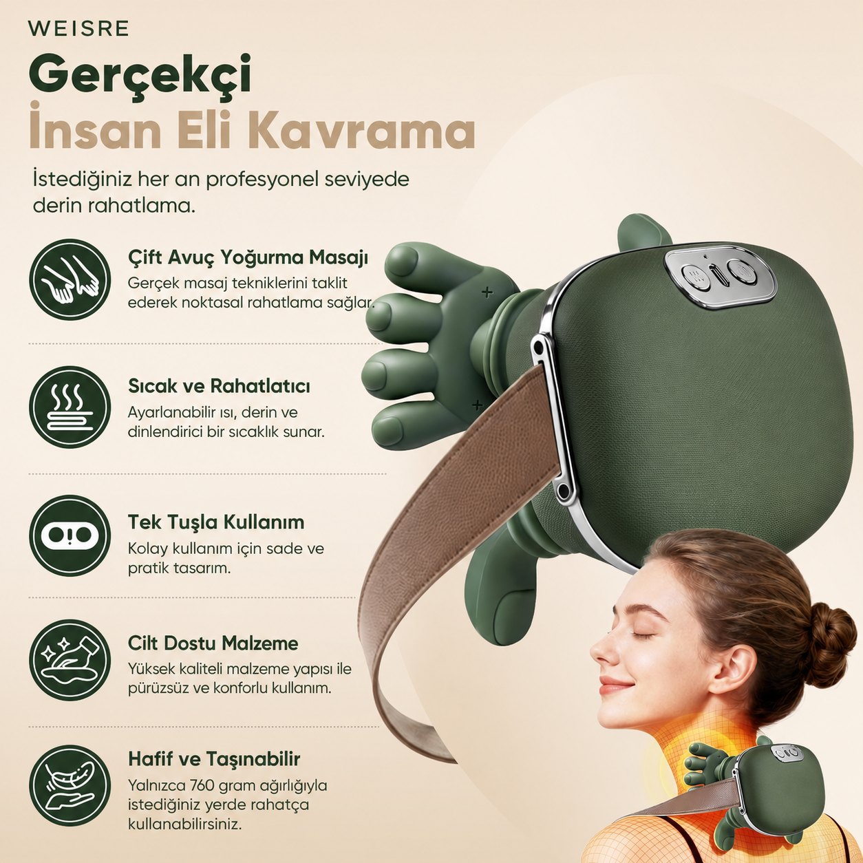 4D Boyun ve Omuz Masaj Aleti – Isıtmalı, İnsan Eli Hissi