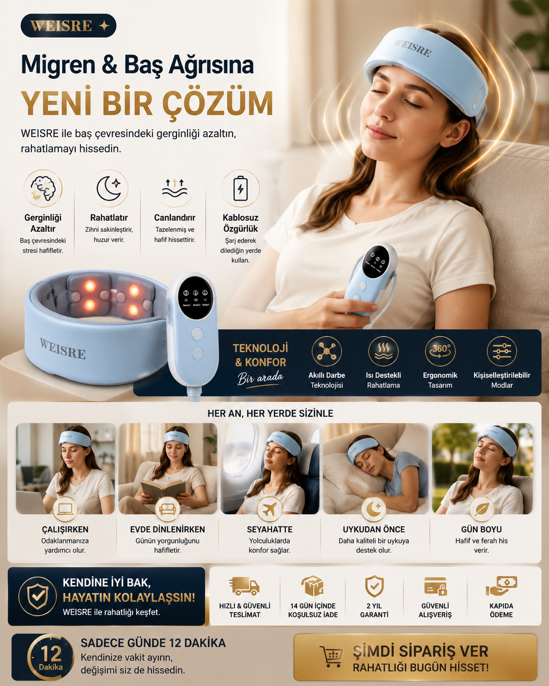 Weisre Şarjlı Kafa Masaj Aleti Şarjlı Titreşimli Saç Derisi Masaj Cihazı Stres Rahatlatıcı