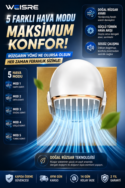 Mini Turbo Masaüstü Fanı – 5 Kademeli Güçlü Serinlik - 2 Turbo Fan - Şarjlı ve 720° Ayarlanabilir Başlık