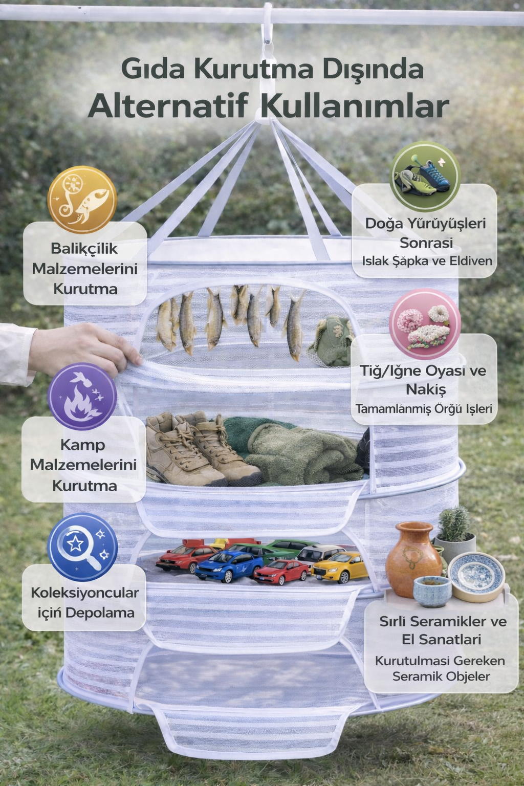 Fermuarlı Katlanabilir 3 Katlı Kurutma Ağı - Gıda ve Çamaşır Kurutma Sebze Meyve Kurutma Ağı