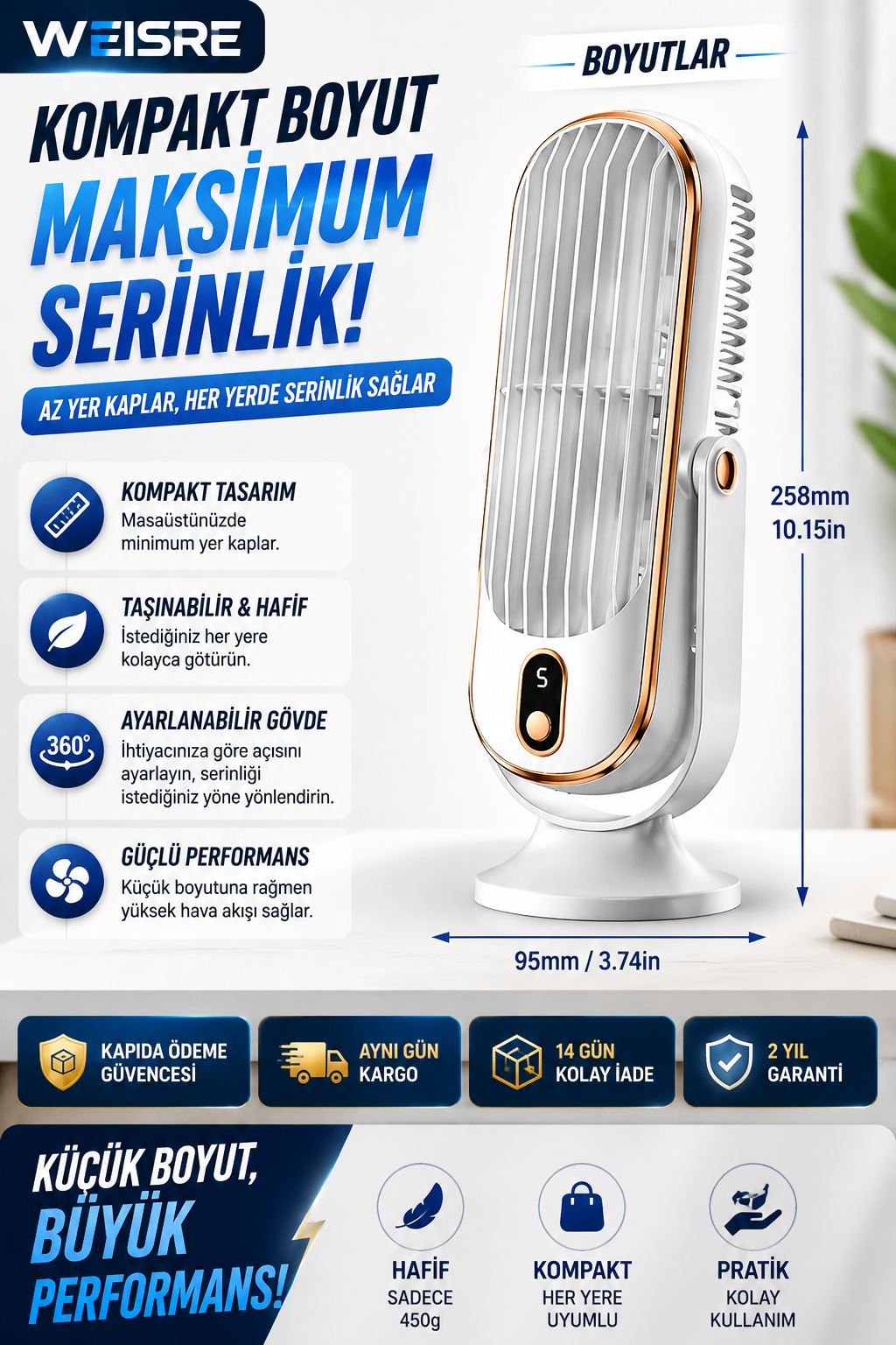 Mini Turbo Masaüstü Fanı – 5 Kademeli Güçlü Serinlik - 2 Turbo Fan - Şarjlı ve 720° Ayarlanabilir Başlık