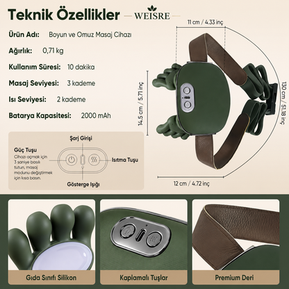 4D Boyun ve Omuz Masaj Aleti – Isıtmalı, İnsan Eli Hissi