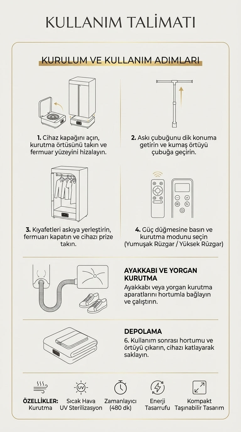 Weisre Taşınabilir Kıyafet Kurutma Makinesi UV Sterilizasyonlu Katlanabilir Ayakkabı & Çamaşır Kurutucu