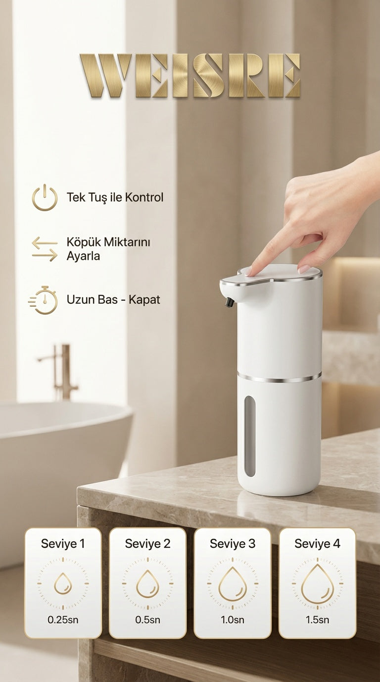 Weisre Otomatik Köpük Sabunluk Sensörlü Şarjlı 4 Kademe IPX5 Duvara Monte & Tezgah