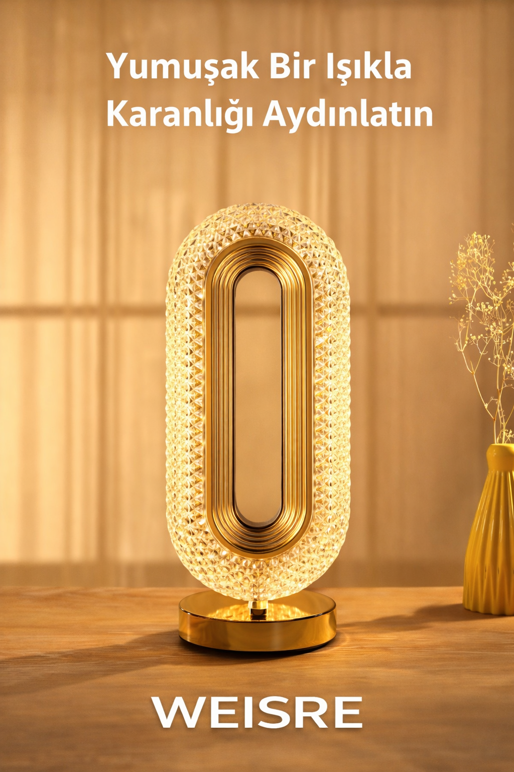 Weisre Kristal LED Masa Lambası Dokunmatik 3 Mod USB Şarjlı Gold Abajur Gece Lambası