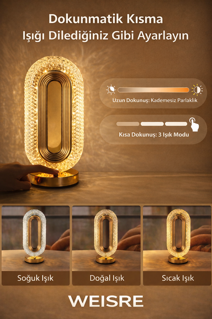Weisre Kristal LED Masa Lambası Dokunmatik 3 Mod USB Şarjlı Gold Abajur Gece Lambası