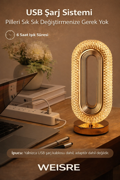 Weisre Kristal LED Masa Lambası Dokunmatik 3 Mod USB Şarjlı Gold Abajur Gece Lambası