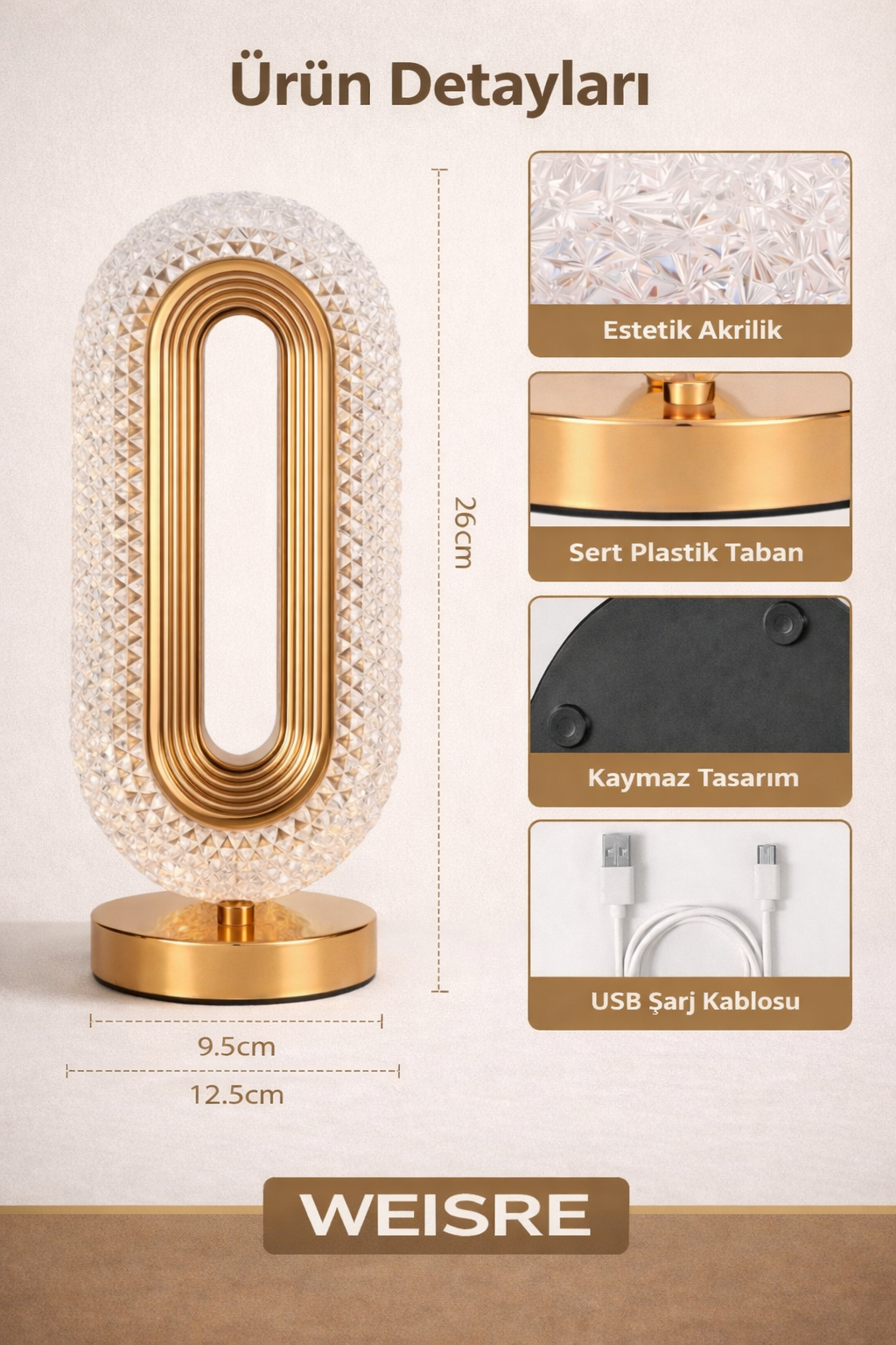 Weisre Kristal LED Masa Lambası Dokunmatik 3 Mod USB Şarjlı Gold Abajur Gece Lambası