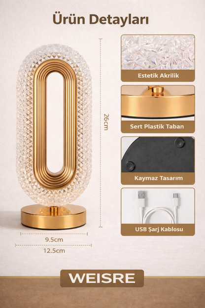 Weisre Kristal LED Masa Lambası Dokunmatik 3 Mod USB Şarjlı Gold Abajur Gece Lambası