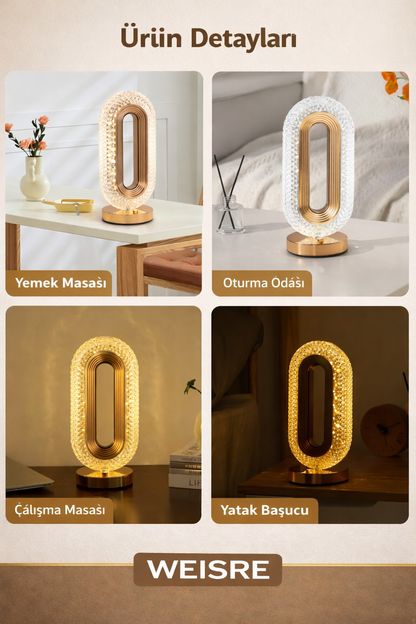 Weisre Kristal LED Masa Lambası Dokunmatik 3 Mod USB Şarjlı Gold Abajur Gece Lambası