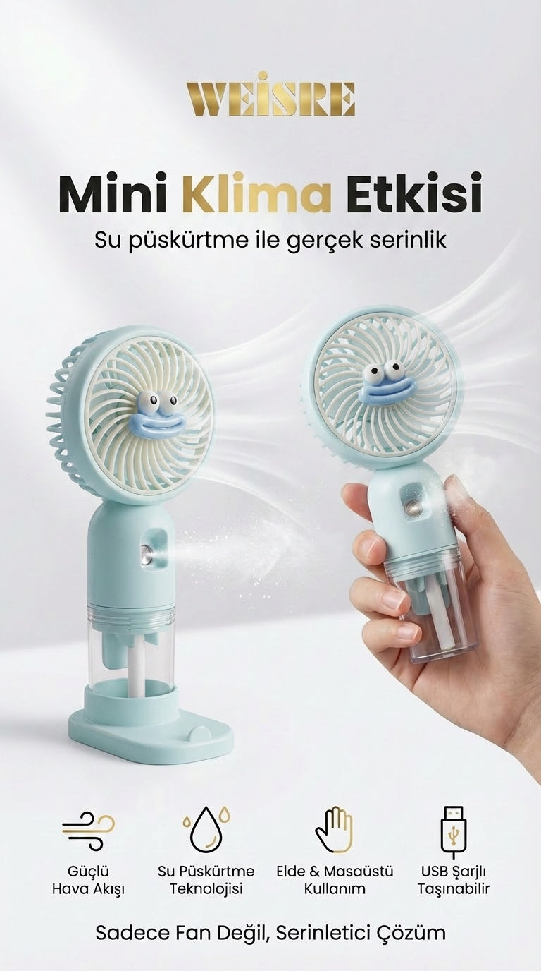 Mini Klima Etkisi Sunan Buharlı El Fanı – Güçlü Hava Akışı ve Serinletici Su Püskürtme Teknolojisi