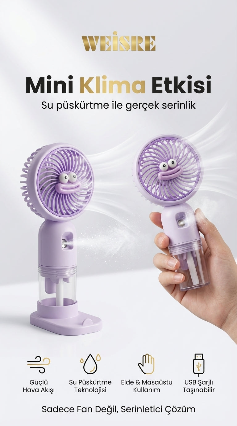 Mini Klima Etkisi Sunan Buharlı El Fanı – Güçlü Hava Akışı ve Serinletici Su Püskürtme Teknolojisi