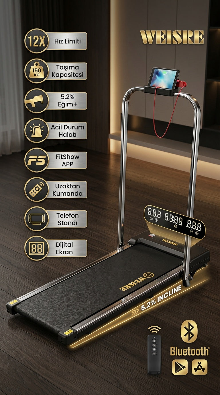 150KG Taşıma Kapasiteli, 12KM/H, Manuel Eğimli, Bluetoothlu, LCD Ekranlı Yürüyüş Ve Koşu Bandı