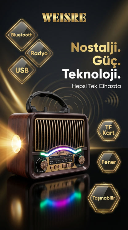 Weisre Retro Taşınabilir Radyo Bluetooth USB TF LED Fenerli Şarjlı Çok Fonksiyonlu Hoparlör