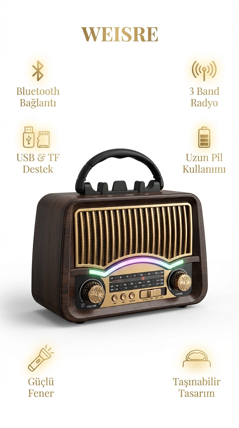 Weisre Retro Taşınabilir Radyo Bluetooth USB TF LED Fenerli Şarjlı Çok Fonksiyonlu Hoparlör