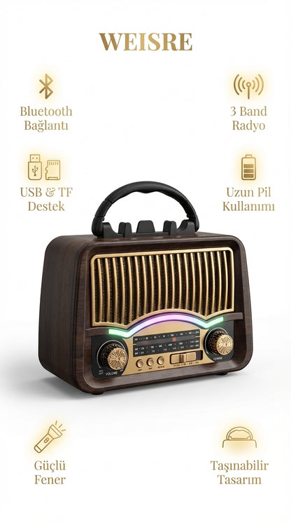 Weisre Retro Taşınabilir Radyo Bluetooth USB TF LED Fenerli Şarjlı Çok Fonksiyonlu Hoparlör